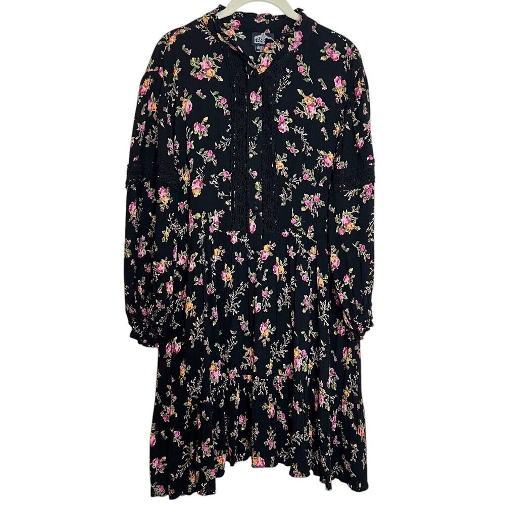 Angie Womens Gauze Dress Size Large Black Floral Ruffle Hem Crochet Cottage Boho